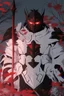 Placeholder: The character, in a striking white armour against a wintry backdrop stands with his hands behind his back inside the scene, he has a red and black circular symbol on his chest like a shield, a black pointed spear with a red handle on his back, His eyes are showing a dynamic expression and he wears a black oni mask with white teeth on it covering the bottom part of his mouth he has brown shoulder pads and a white belt with a bag attached to it. He has dark brown hair, he does not wear a helmet.