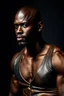 Placeholder: Portrait of a handsome dark skinned and muscular heavy set man with a shaved head and neatly trimmed beard. he is wearing a leather waistcoat and no shirt. he has a gold earing in his left ear