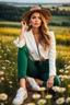 Placeholder: fullbody close up shot of young-beautiful-girl-with-a-perfect-face wearing pants and thight blouse and jacket spory shoes, country side green field flowers day lights