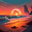 Placeholder: vampire Science fiction sandy beach with waves morning sunrise cartoon