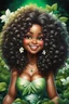 Placeholder: vibrant noir art oil painting with airbrush, 8k, cartoon art image of a chibi Caribbean curvy female looking to the side smiling with a large mane of curly ombre afro, prominent makeup with hazel eyes, highly detailed hair, background of green and white jasmine flowers surrounding her