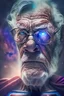 Placeholder: an old man with big gray eyes waring superman custom flaying in galaxy background