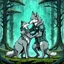 Placeholder: digital art from anthropomorphic wolves family one gray bodyhair anthro wolf female hugs her two anhtro wolf child on field, in background tall trees wirh big trunks, rain, down on blue-green moss, hug each other , rainy day, high contrast, high detalied, atmospheric, dark fantasy, sci-fi mood