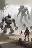 Placeholder: scena di combattimento con robot stile Jakub Rozalski