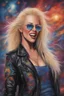 Placeholder: head and shoulders image, Lita Ford - Kiss Me Deadly - Reptilian-skinned - Ray-Ban sunglasses - Motley Crue - gothic pale-skinned vampire, Painting with fire and multicolored electrified cosmic clouds, by Hoy Tong Lu - Multicolored lightning -a smiling, long, blonde hair, blue eyes, goth makeup, black leather biker's jacket, black leather pants, combat boots, black fingerless gloves, sitting on in the forest next to a fire,