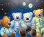 Placeholder: little boy and big teddy bears on moon. drifting in old bmw. oil on canvas