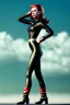 Placeholder: retro portrait image from 1960, sky background, wind, long red hair, fighting stance, sweet young Scarlett Johansson, black dress, classic long tight lycra black suit, gold bracelet and belt, high heel boots, superhero style, soft color, highly detailed, unreal engine 5, ray tracing, RTX, lumen lighting, ultra detail, volumetric lighting, 3d, finely drawn, high definition, high resolution.