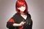 Placeholder: An anime young adult female with medium length red hair, brown eyes, wearing a black hoodie, realistic, slight smile