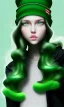 Placeholder: girl, cute, beautiful, long hair, wavy hair, green hair, blue eyes, green beanie, green coat, black tee shirt, green shirts, green tennis shoes