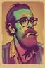 Placeholder: bohemian young ugly, strange not pretty, deformed man with Parisian bohemian look and glasses of colours and poor and short short short and poor hair on the head with receding hairline. Farsightedness glasses with big eyes. Shirt beard in the head. Vintage look and feel like photo style-of the 70s