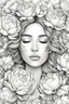 Placeholder: young woman, coloring page of a beautiful bouquet of peonies all around her face, her eyes are closed and dreaming peacefully, only her face shows, her face fully covered by the bouquet of peonies, use black outline with a white background, clear outline, no shadows, some colors