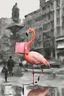 Placeholder: the woman rides on the back of a flamingo in the city center with a huge shopping bag, collage, stamp, old newsprint, pen, dry flower, ink, bizarre