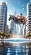 Placeholder: motion blur, high speed transparent ant horse train space ship above sky scrapers in fountain in the style of Escher, bokeh like f/0.8, tilt-shift lens 8k, high detail, smooth render, down-light, unreal engine, prize winning