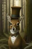 Placeholder: Cute realistic whitetail fawn wearing a top hat; big pine trees all around; in the style of Chris Dunn