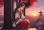 Placeholder: a young woman with long brown hair, red eyes, pale skin, wearing Genshin Impact inspired clothing, highly detailed, intricate background, sitting on rooftop during sunset, contemplative