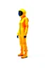 Placeholder: Full head to toe portrait + profile of a creature with (((a flat orange triangle pointing downwards for a head))), large round eyes like bright yellow headlights, a small body, its feet are in seamless silver and orange skin-tight boots with its skin-tight jumpsuit. It stands out against a white background.