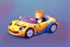 Placeholder: whimsical cartoony sports car with a small mascot character driving it