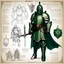 Placeholder: ConceptSheet for AD&D in the style of wii No More Heroes style with thick lines: the green knight Arthurian Lore Concept: helmet, armour, and weapons with their blueprint: sword, shield, helmet, plate, and all the package of a knight-errant