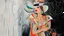 Placeholder: abstract paint from Lady in big hat , vibrant colors, folk art, non-figurative mode, style combined abstract art with dadaism, patchs, black lines, surrealism style