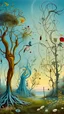 Placeholder: A garden of wired out of this world flowers and trees with light blue sky in Bosch painting style and Dali