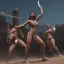 Placeholder: women gladiators fighting in arena, minimal attire, muscular, hard bodies, photo realistic, hyperdetailed, tan skin, full body view, mythical, intricate, elaborate, by boris vallejo, digital art, visual clarity, 8k --v 4