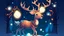 Placeholder: fantasy cartoon style illustration: happy reindeer lights Christmas lanterns and sings creating a joyful atmosphere.