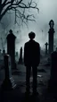 Placeholder: A still from a horror movie. A young guy stands in the middle of a gloomy cemetery near a grave and an eerie black shadow appears behind him.