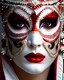 Placeholder: Beautiful young woman adorned with rennaisance Venetian masquerade etherial half face venetian rennaisance masque ribbed with white opal irridescent black obsidian and red zafír, golden glitter as white and red Dusty makeup on wearing rennaisance venetian style costume ribbed with red. White and black mineral stones like red zafire, irridescent wite opal and black onix wearing black and red venetian rennaisance style floral headdress organic bio spinal ribbed detail of extremeli detailed portrai