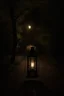 Placeholder: Night, lantern, square bench, dirt roads, trees, gothic horror films influence, creepy, photography