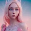 Placeholder: in front of a pink castle, a cheerful fairy, big smile, pink, blonde hair, beautiful, whole face, whole top hair head, wide open blue eyes, transparent wings onn the back, hyperrealism, masterpiece, expert, cinematic lighting, sharp focus, 8K, pastel, macro lens, woman, detailed, flower