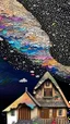 Placeholder: "Midnight Serenade unique" low view angle shot down rainbow sky , large close up a beautiful house by the lak, granite terrazzo motifs with puzzle modern , clothing is decorated with colorful filigree abstract, Collage chutes papiers magazines,Spirograph background by Nisa Kiley, Textile Artist،
