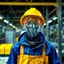 Placeholder: an very sad transparent glas man with blue and yellow working clothes, in a factory, nobody cares about the empty glas man, that is why he is so sad :( , he had worked 30 years in the factory and never had a salary increase, tears in his eyes, the working man is transparent, everyone see through him