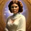 Placeholder: hyperspace background, complete and photo realistic detailed head to waist stunning photo realistic portrait of carrie fisher as Princess Leia in star wars with photo realistic updo hair by Mandy Jurgens and mucha and Richard Schmid and chuck close and chie yoshii, extraordinary and detailed ceremony dress of star wars,brown eyes