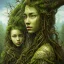 Placeholder: Painting .three women. A mother. Two daughter. Twins. A mother with her children the faces of three young black women. wood nymphs emerging from the forest. Her hair looks like vines. Dreadlocs. Her skin is the colour of dark soil. Her skin looks like tree bark. Her clothing is made of vines, grass and leaves.