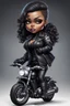 Placeholder: Create an airbrush image of a chibi curvy black female wearing a biker's coat and boots with black tights. Prominent make up with hazel eyes. She is sitting on a big Harley Davidson motorcycle at a bike show.