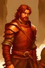 Placeholder: A twenty-two-year-old warrior from Dungeons and Dragons is wearing a dented leather breastplate armor. Has brown hair and scruff beard on his chin
