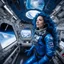 Placeholder: wide-angle photo of a woman in an electric blue spacesuit, with long glowing blue wavy hair, on a space station with views into space