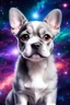 Placeholder: extra large eyed happy puppy grey frenchton in the distance a colorful intricate HEART shaped planet similar to earth in a brig ażht nebula. sparkles. Cinematic lighting,vast distances, swirl. fairies. magical DARKNESS. SHARP. EXTREME DEPTH. jellyfish, cinematic eye view