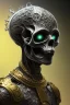 Placeholder: black male African alien, cracks in the head, wicked, Asian eyes, crown, blood, 8k, finely detailed, photo realistic, Boris Vallejo style turquoise skull head gold dragon space alien rain skeleton gold tooth silver helmet silver space suit spaceships