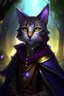 Placeholder: Beautiful D&D character, female tabaxi warlock, smooth face with no designs on face, add more fur to the face, mostly black fur on face w/ a white mouth, colorful fantasy, detailed, realistic face, digital portrait, intricate cloak black trimmed with silver and purple, background is nighttime forest scene with mist, fiverr dnd character, wlop, stanley artgerm lau, ilya kuvshinov, artstation, HD, octane render, hyperrealism