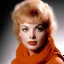 Placeholder: A photograph of stella stevens with doll face, with spiky hair, no make up, in the style of milton greene, a pale orange silk scarf around her shoulders, white bacground