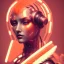 Placeholder: A beautiful portrait of a cute cyberpunk woman facing camera orange color scheme, high key lighting, volumetric light high details with white stripes and feathers