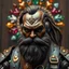 Placeholder: Portrait of a brutal robot with a beard. He sits half-sideways and looks into the frame from under his forehead. In a pirate style, leather, wood, gold. In the background, a hovering circle of multi-colored, precious stones.