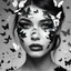 Placeholder: there is a torn paper effect across her face revealing a black and white area beneath, with colored butterflies