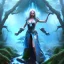 Placeholder: crazy detail, magical forest background, waterfall, blue but cloudy skies,the upper body of grand sleazy lady in robes and gloves,engraved stone statue, lively eyes,hidden hands, framed by foliage, runes, warm light, holding up scroll