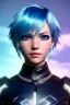 Placeholder: smirking Cyborg anime warrior, light blue hair, short and messy hairstyle, pierced ears, vivid blue eyes, clear complexion waist up portrait, 8k resolution, intricate details, ornate details, soft lighting, vibrant colors, retroanime, masterpiece, intricate eyeliner, dark eyeshadow, eyes, intricate tattoos, futuristic cityscape background