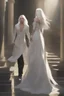 Placeholder: Woman with white hair wearing a white dress, walking down a sunlit stone hall, AND a handsome man in the background lurking in the shadows with long black hair