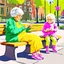 Placeholder: A whimsical painting of an 80-year-old grandmother knitting a yellow sweater on a bench in the boulevard, while next to her on the bench is a 5-year-old little girl knitting a small pink sweater, the grandmother with wild ginger hair and large green glasses, wearing a cozy mustard sweater and striped yellow tights. She sits on a bright yellow green bench, intently focused on her knitting needles and yarn. From around on the bench and on the floor, balls of yarn, a knitting basket and needles sur