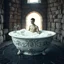Placeholder: a big ornate round porcelain bathtub with foam, a humanoid , sticking out of the foam. The bathtub stands in the middle of a magic circle in an ancient stone tower
