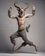 Placeholder: A horned satyr on full-length hind legs, legs in gray wool, jumps and smiles, sends an air kiss